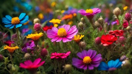 Fototapeta premium Summer Meadow: Blooming Flowers and Sunny Scenic Landscape 