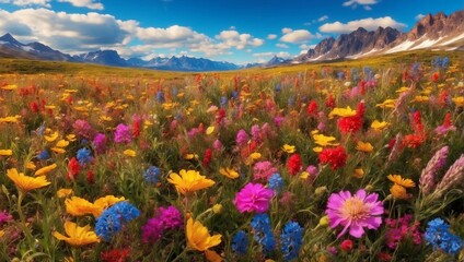 Fototapeta premium Summer Meadow: Blooming Flowers and Sunny Scenic Landscape 