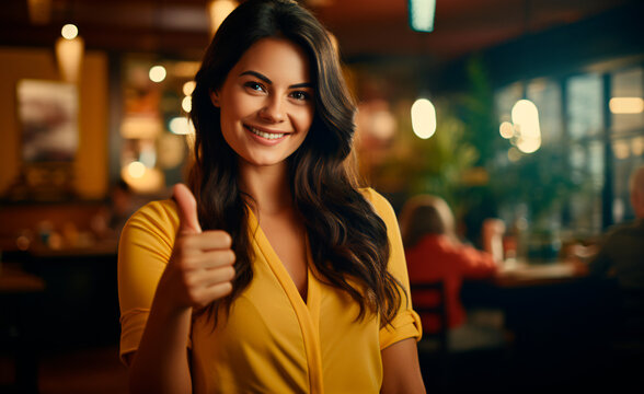 Mujer joven, con una sonrisa positiva y el pulgar arriba, vestida de amarillo en un ambiente de restaurante - bar 
