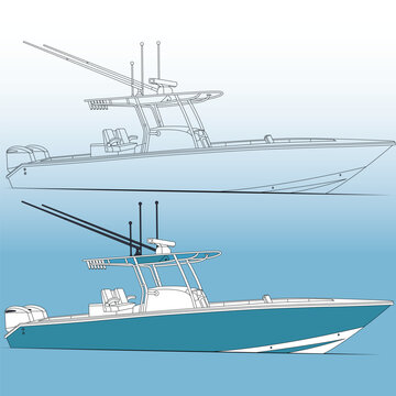 Fishing boat side view, vector, line-art, Illustration