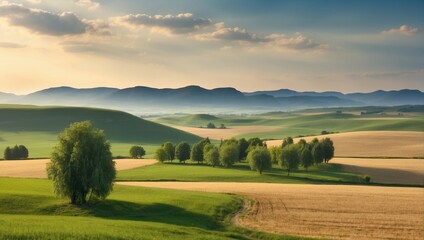 Fototapeta premium a peaceful landscape, serene rural landscape with lush green fields, sky and peaceful sunlight 