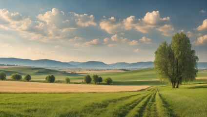 Obraz premium a peaceful landscape, serene rural landscape with lush green fields, sky and peaceful sunlight 