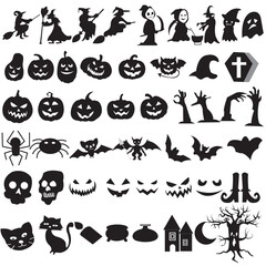 Set of silhouettes of Halloween on a white background, Big set of Halloweens silhouettes black icon and character. Design of witch, creepy and spooky elements for Halloweens decorations, sketch, icon.