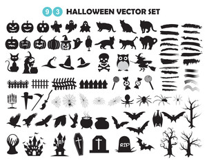 Set of silhouettes of Halloween on a white background, Big set of Halloweens silhouettes black icon and character. Design of witch, creepy and spooky elements for Halloweens decorations, sketch, icon.