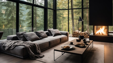 Livingroom on minimalist interior house with big panoramic window, , fireplace and forest put of window - obrazy, fototapety, plakaty