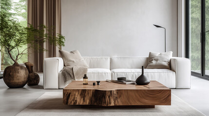 Fototapeta na wymiar Livingroom on minimalist interior house with big panoramic window, , fireplace and forest put of window