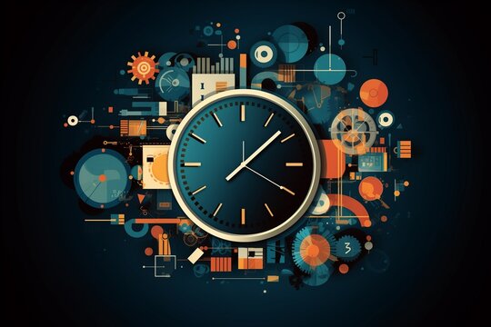 illustration of  a sleek vector of a clock with parts of it made up of various business tasks or icons, new year clock, time management, task allocation