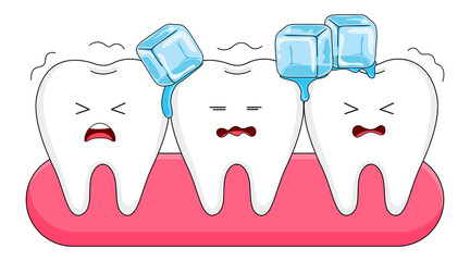 Cute cartoon sensitive teeth character with ice. Sensitive teeth to coldness. Illustration