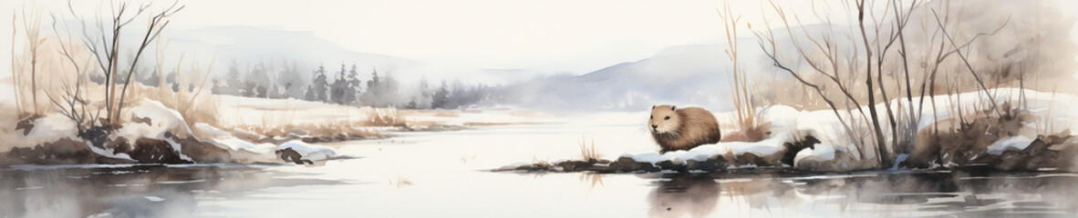 A Minimal Watercolor Banner of a Beaver in a Winter Setting - obrazy, fototapety, plakaty