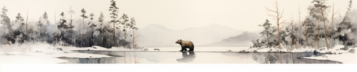 A Minimal Watercolor Banner of a Bear in a Winter Setting
