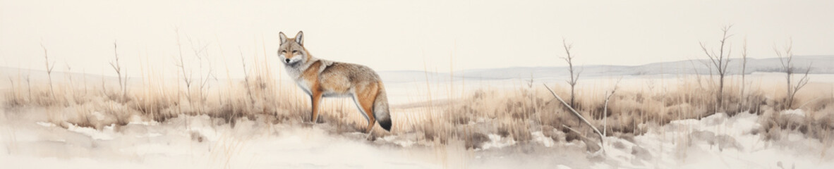 Obraz premium A Minimal Watercolor Banner of a Coyote in a Winter Setting