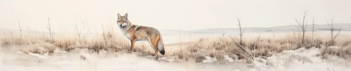 Rolgordijnen A Minimal Watercolor Banner of a Coyote in a Winter Setting © Nathan Hutchcraft