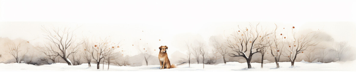 A Minimal Watercolor Banner of a Dog in a Winter Setting