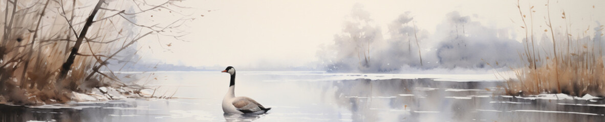 Fototapeta premium A Minimal Watercolor Banner of a Goose in a Winter Setting