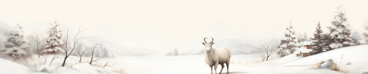 A Minimal Watercolor Banner of a Goat in a Winter Setting