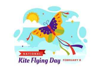 National Kite Flying Day Vector Illustration on February 8 of Sunny Sky Background in Summer Leisure Activity in Flat Cartoon Background Design