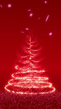 赤い背景に置かれた光の粒子が煌めくクリスマスツリーのモーションイメージ / 縦構図動画 / 3Dレンダリング / A motion image of a Christmas tree with sparkling light particles placed on a red background.