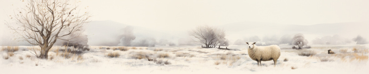 Fototapeta na wymiar A Minimal Watercolor Banner of a Sheep in a Winter Setting