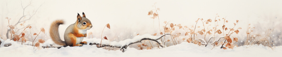 A Minimal Watercolor Banner of a Squirrel in a Winter Setting