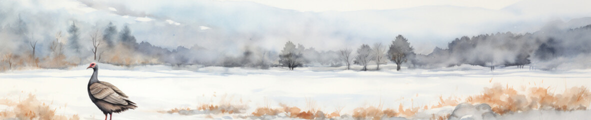 A Minimal Watercolor Banner of a Turkey in a Winter Setting