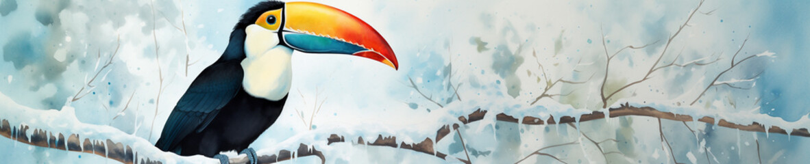 Naklejka premium A Minimal Watercolor Banner of a Toucan in a Winter Setting