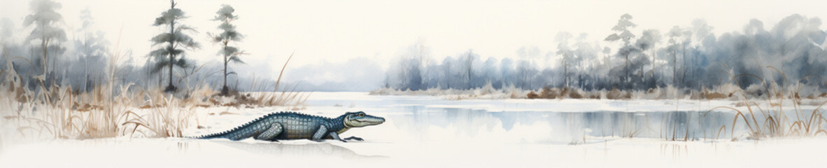 Obraz na płótnie Canvas A Minimal Watercolor Banner of an Alligator in a Winter Setting