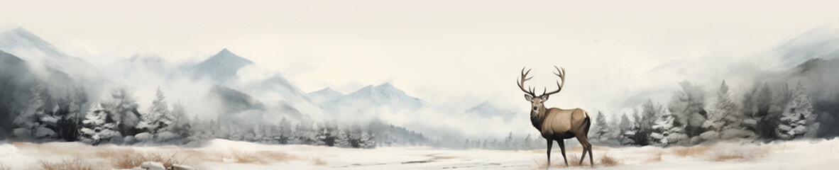 A Minimal Watercolor Banner of an Elk in a Winter Setting - obrazy, fototapety, plakaty