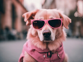 A pink colored dog wearing glasses.	