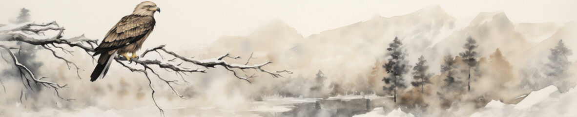 A Minimal Watercolor Banner of an Eagle in a Winter Setting