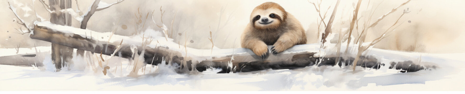 A Minimal Watercolor Banner of a Sloth in a Winter Setting