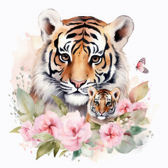 Cute mother tiger with baby with flowers Illustration, Generative Ai