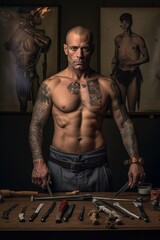 Muscular man with tools in workshop