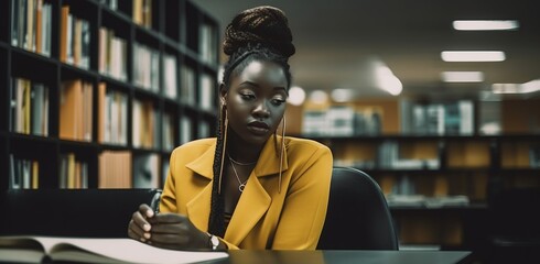 African American woman taking notes in library