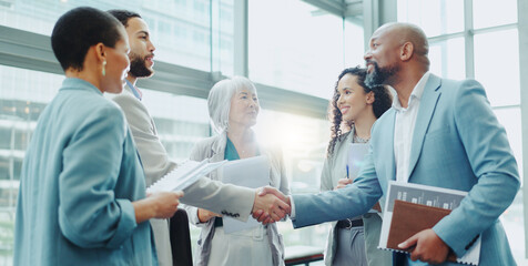Business people, handshake and meeting in b2b, agreement or deal for teamwork or growth at office. Businessman shaking hands with woman in recruiting for team introduction, greeting or partnership - Powered by Adobe