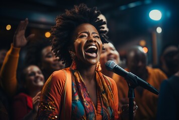 Cheerful black man with microphone on stage - obrazy, fototapety, plakaty