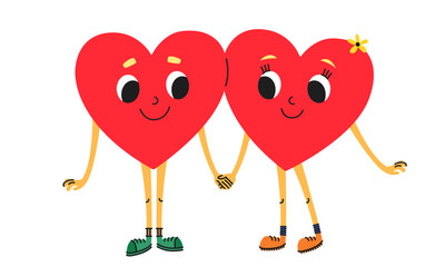 Two hearts holding hands. Cute characters in cartoon style.