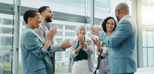 Fototapeta na wymiar Happy business people, meeting and applause in teamwork for promotion, winning or success at office. Group of employees smile clapping in team achievement, corporate growth or motivation at workplace