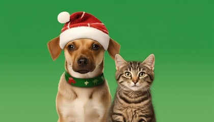cat and dog wearing santa christmas sweater and knitted hat