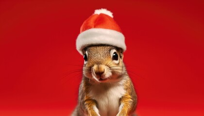 squirrel wearing hat santa christmas sweater  - obrazy, fototapety, plakaty