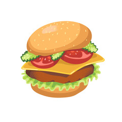 Delicious cheeseburger with meat. Tempting American burger. Savoury sandwich with cheese. Restaurant of fast food. Unhealthy nutrition. Flat isolated vector illustration on white background