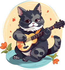 Banjo cat illustration ,Cat playing banjo cottage core illustration, Cat playing banjo design