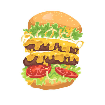 Big american double hamburger fly. Delicious burger with bun, meat, onion, cheese, salad, tomato. Unhealty nutrition, fast food, tasty eating. Flat isolated vector illustration on white background