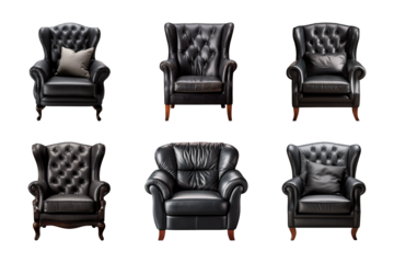 Comfortable black armchair collection isolated on a transparent background. Interior element