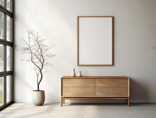 Tier wooden dresser and a wooden frame mockup, in the style of minimalist canvases.