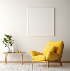 Living room with a yellow chair and a white frame mockup on a wall.