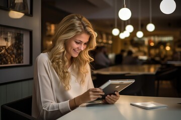 Blond girl is a server in a cafe with a tablet tablet on her face.