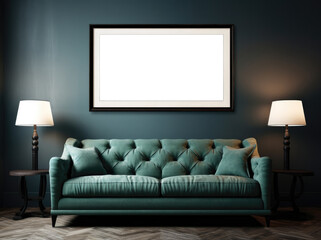 Couch with white frame on the wall in a living room.