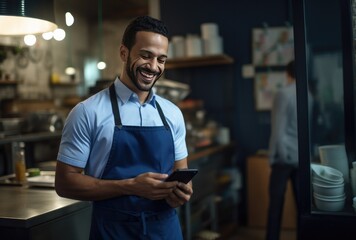 Man in a blue apron smiling with a tablet.