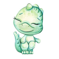 Watercolor cute baby dino tyrannosaur for nursery, newborn. Cartoon animal for kids design
