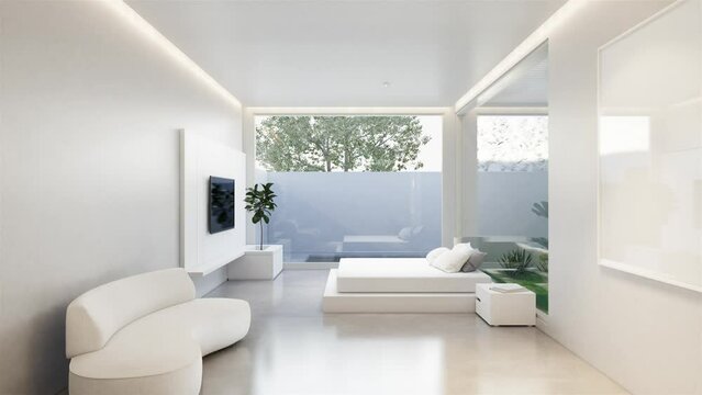 minimal interior of the bedroom with a white base tone. 3D illustration render